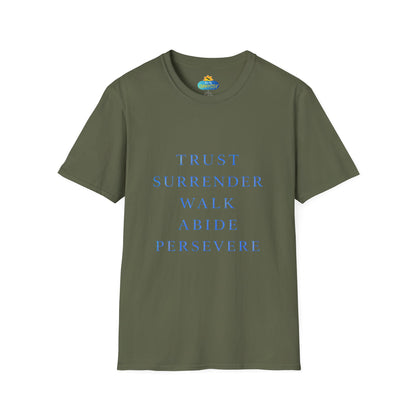 Trust Surrender Walk Abide Persevere™ Womens V-Neck Tee | Catholic Inspirational Shirt | Sunnyside Life™