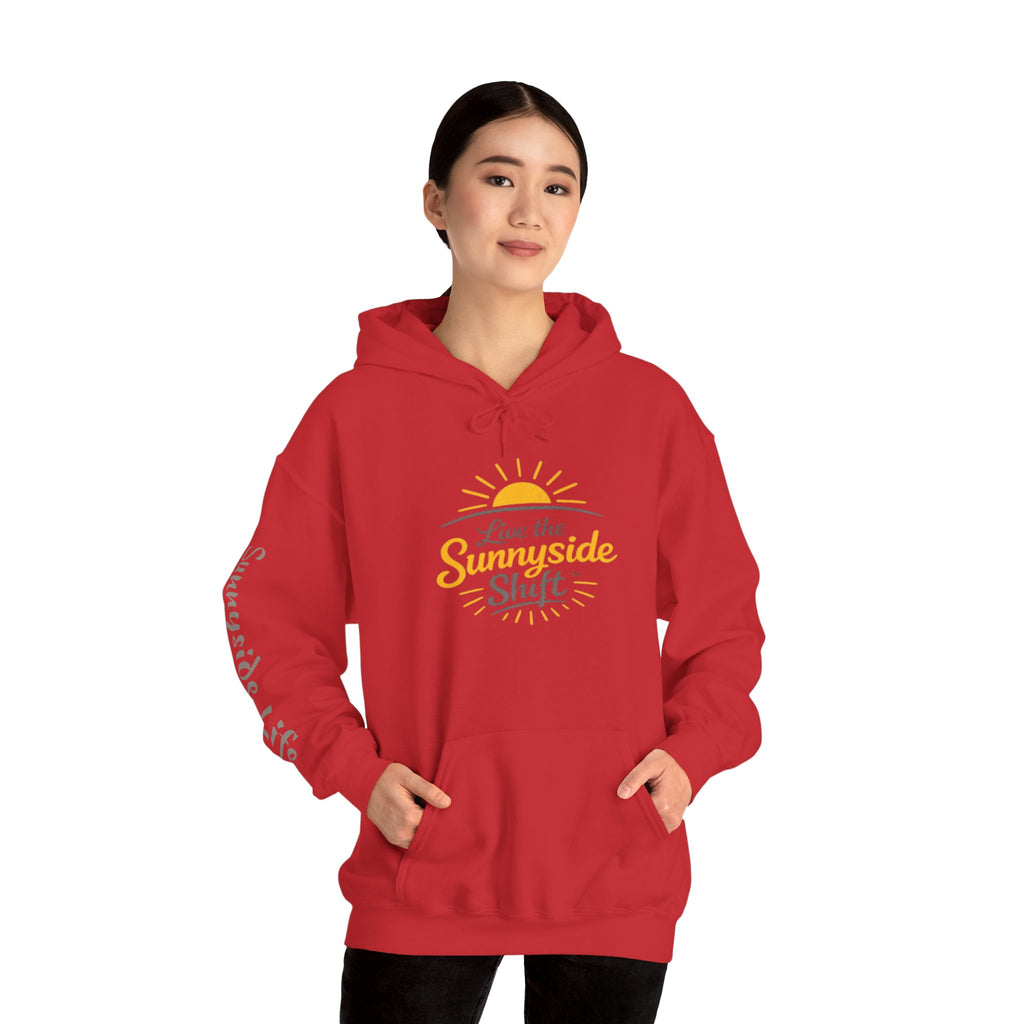Live The Sunnyside Shift™ — Retro Sun Script Hooded Sweatshirt