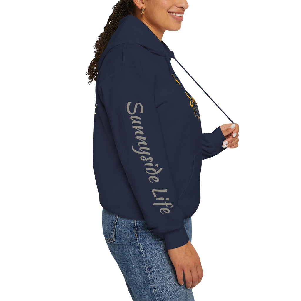 Live The Sunnyside Shift™ — Retro Sun Script Hooded Sweatshirt