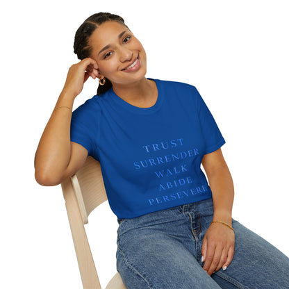 Trust Surrender Walk Abide Persevere™ Womens V-Neck Tee | Catholic Inspirational Shirt | Sunnyside Life™