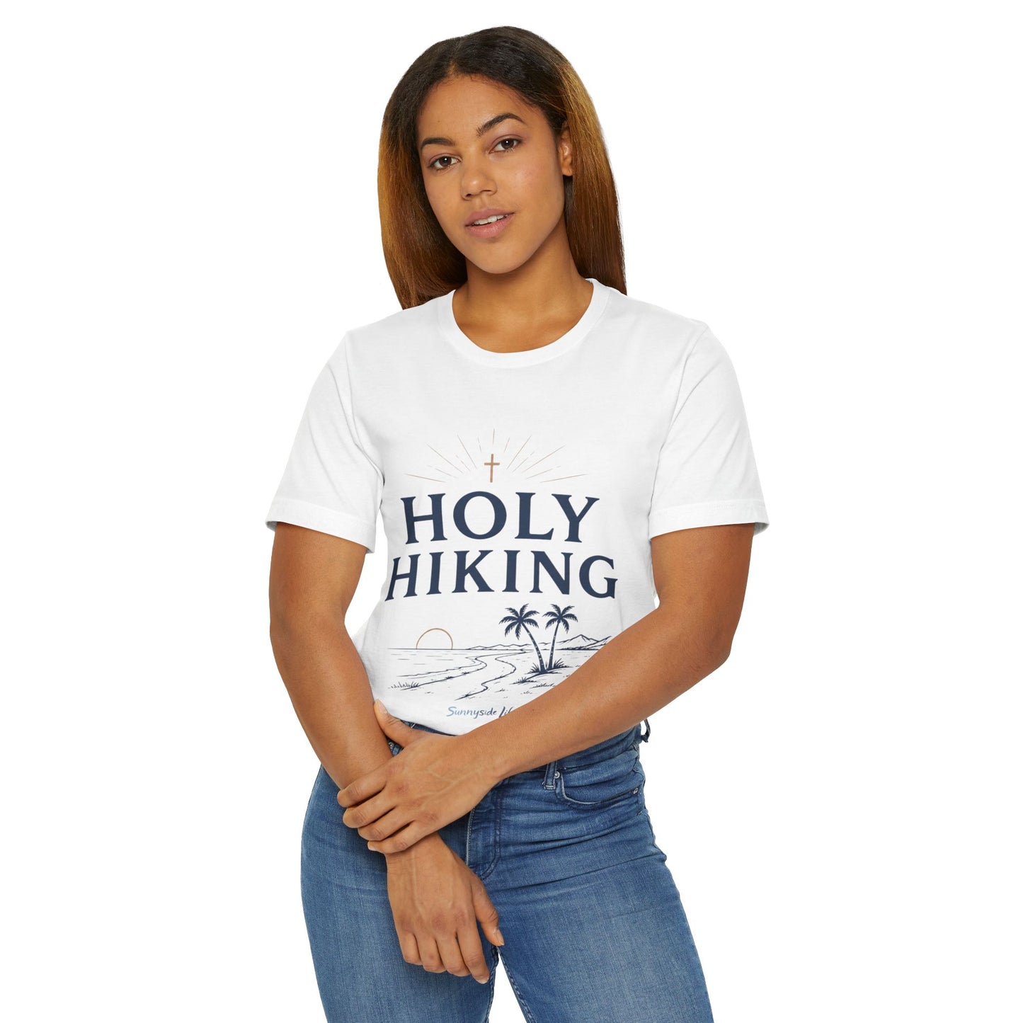 Holy Hiking™ Womens V-Neck Tee | Catholic Trail Shirt | “Evil Can’t Catch Me” Tropical Faith Hiking Tee