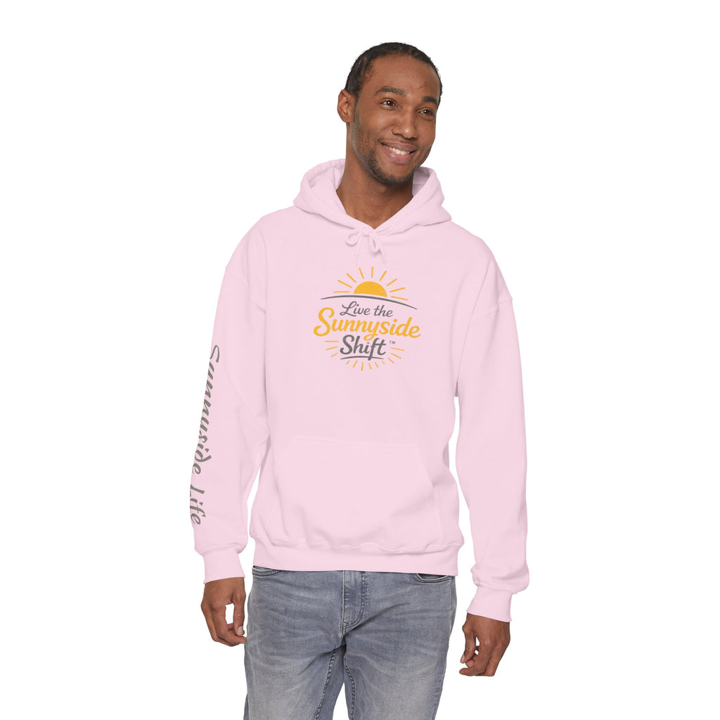 Live The Sunnyside Shift™ — Retro Sun Script Hooded Sweatshirt