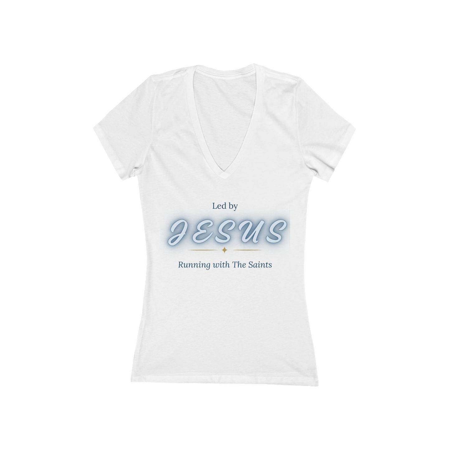 Led by Jesus. Running with the Saints.™ Women’s V-Neck Tee