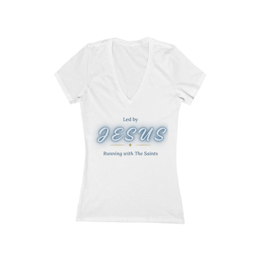 Led by Jesus. Running with the Saints.™ Women’s V-Neck Tee