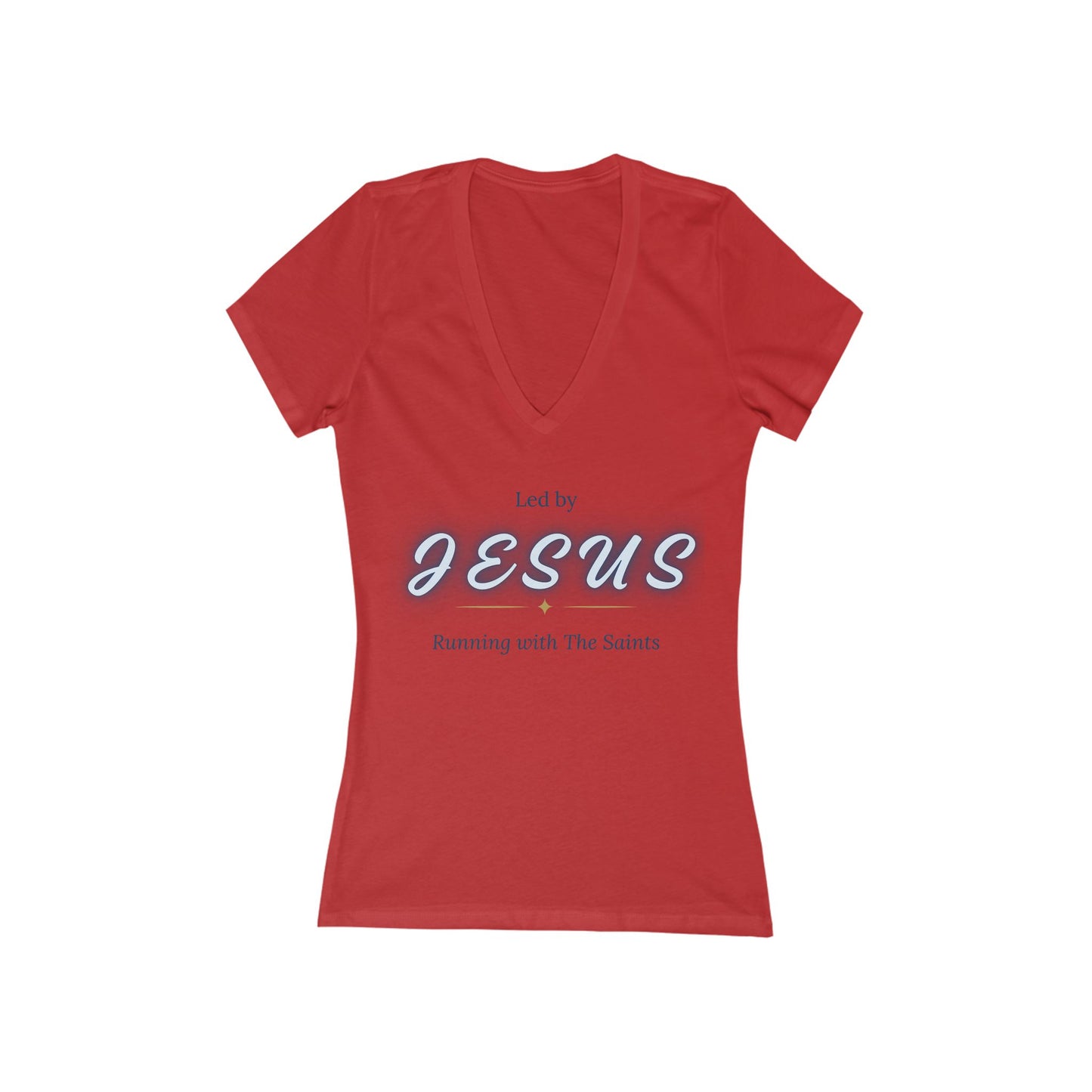 Led by Jesus. Running with the Saints.™ Women’s V-Neck Tee