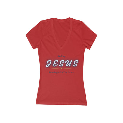 Led by Jesus. Running with the Saints.™ Women’s V-Neck Tee