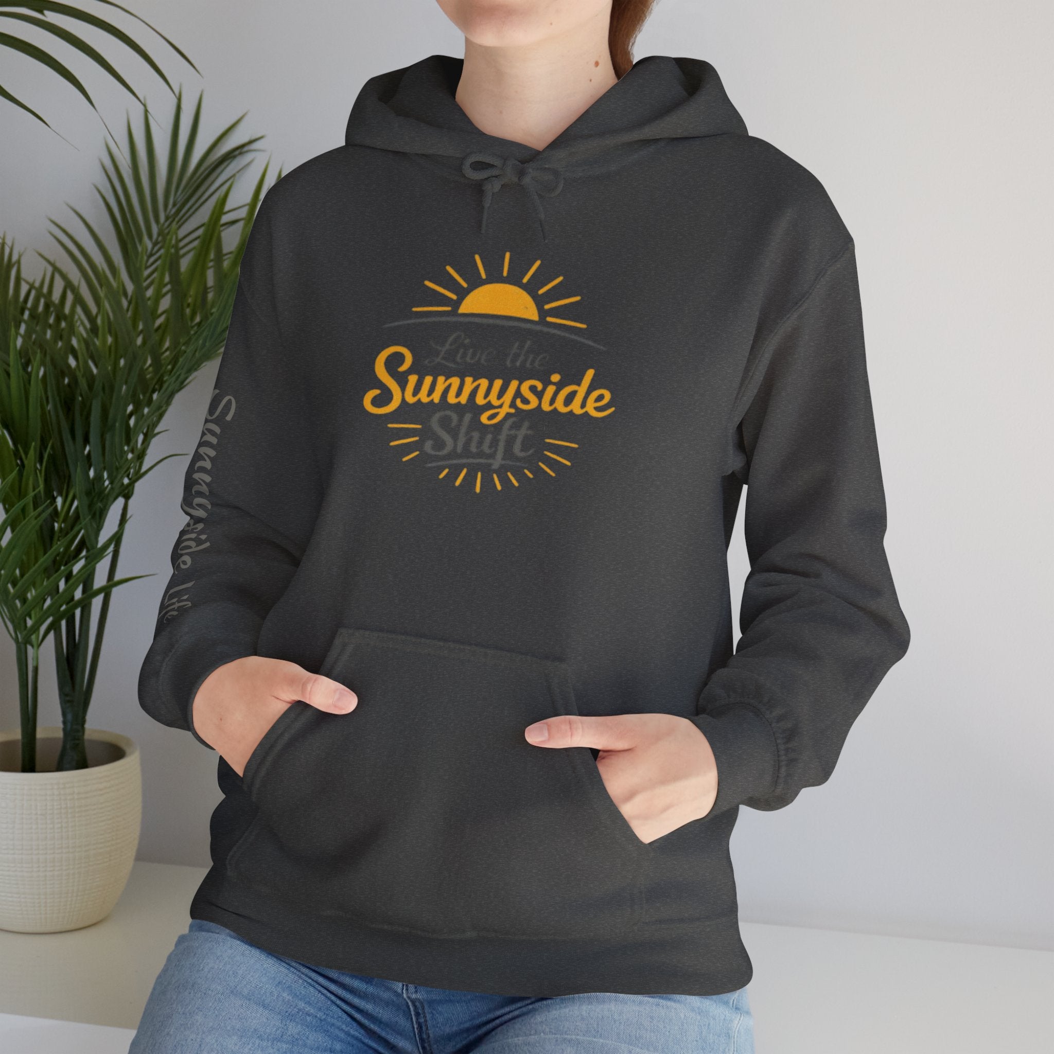 Live The Sunnyside Shift™ — Retro Sun Script Hooded Sweatshirt