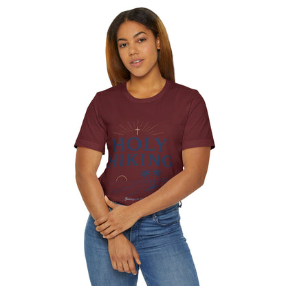 Holy Hiking™ Womens V-Neck Tee | Catholic Trail Shirt | “Evil Can’t Catch Me” Tropical Faith Hiking Tee