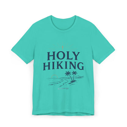 Holy Hiking™ Womens V-Neck Tee | Catholic Trail Shirt | “Evil Can’t Catch Me” Tropical Faith Hiking Tee