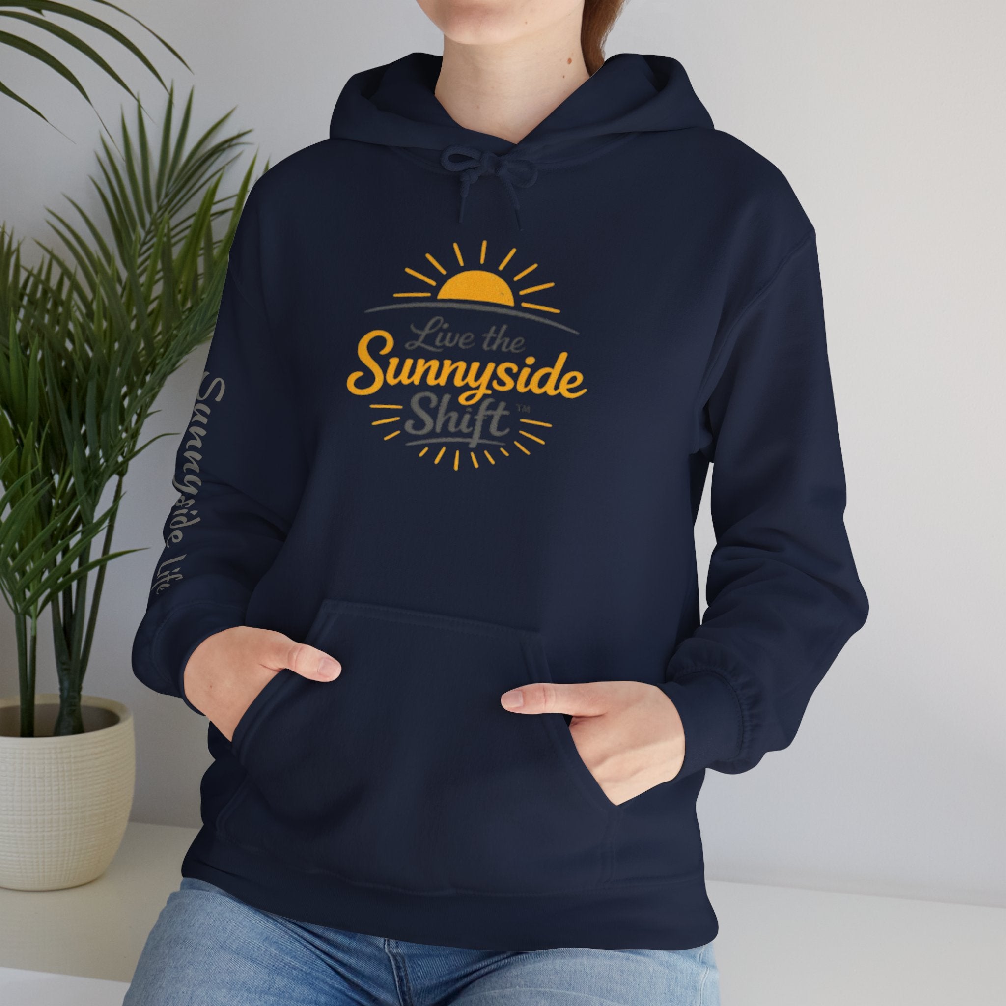 Live The Sunnyside Shift™ — Retro Sun Script Hooded Sweatshirt
