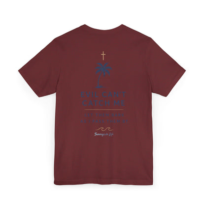 Holy Hiking™ Womens V-Neck Tee | Catholic Trail Shirt | “Evil Can’t Catch Me” Tropical Faith Hiking Tee