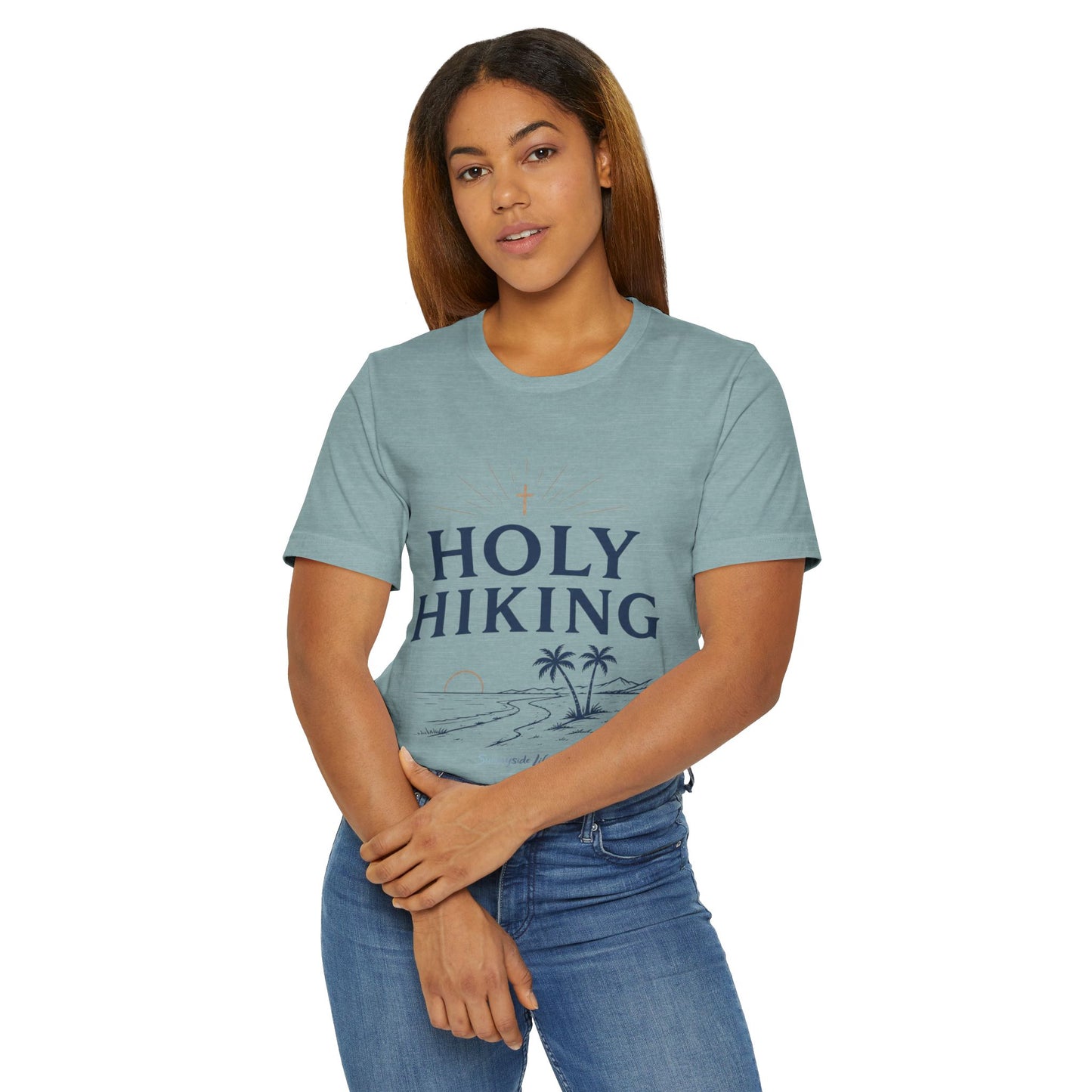 Holy Hiking™ Womens V-Neck Tee | Catholic Trail Shirt | “Evil Can’t Catch Me” Tropical Faith Hiking Tee