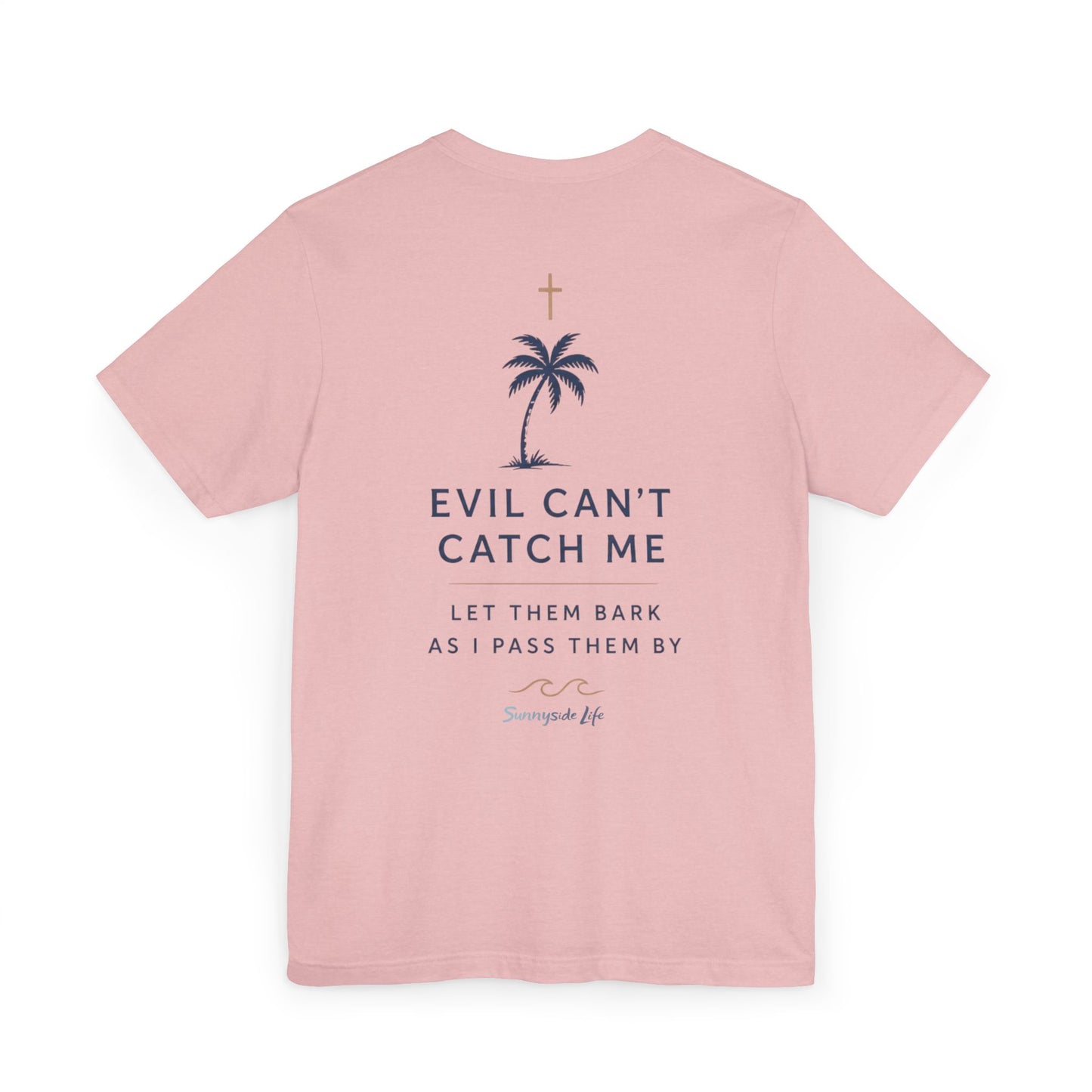 Holy Hiking™ Womens V-Neck Tee | Catholic Trail Shirt | “Evil Can’t Catch Me” Tropical Faith Hiking Tee