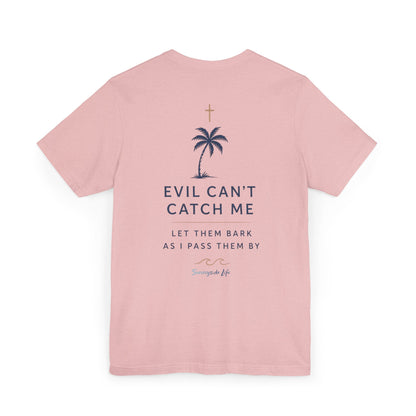 Holy Hiking™ Womens V-Neck Tee | Catholic Trail Shirt | “Evil Can’t Catch Me” Tropical Faith Hiking Tee