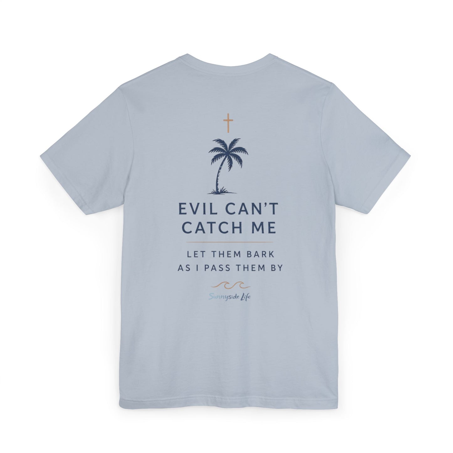 Holy Hiking™ Womens V-Neck Tee | Catholic Trail Shirt | “Evil Can’t Catch Me” Tropical Faith Hiking Tee