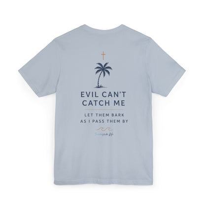 Holy Hiking™ Womens V-Neck Tee | Catholic Trail Shirt | “Evil Can’t Catch Me” Tropical Faith Hiking Tee