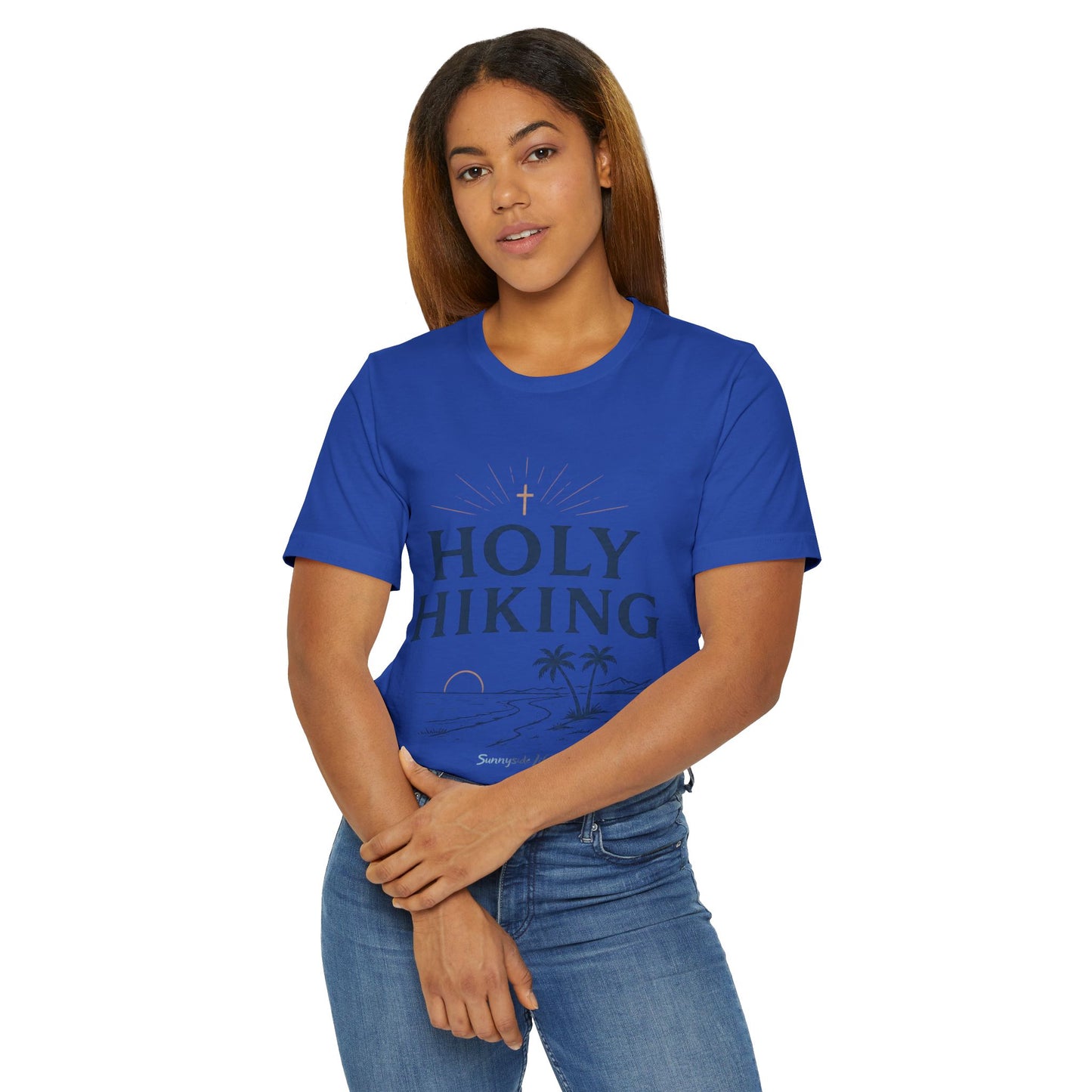 Holy Hiking™ Womens V-Neck Tee | Catholic Trail Shirt | “Evil Can’t Catch Me” Tropical Faith Hiking Tee