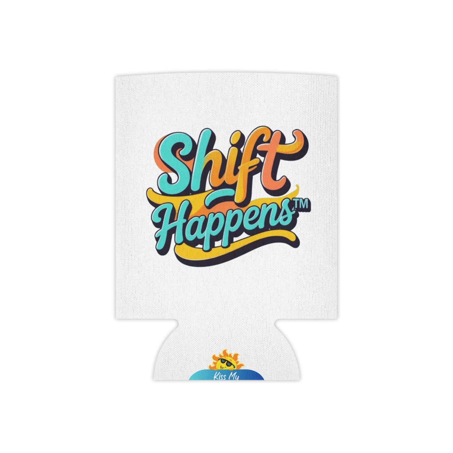 Shift Happens™ Retro Can Cooler | Funny Motivational Beverage Holder | Cerulean & Sunshine Yellow Drink Sleeve