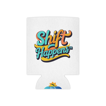 Shift Happens™ Retro Can Cooler | Funny Motivational Beverage Holder | Cerulean & Sunshine Yellow Drink Sleeve
