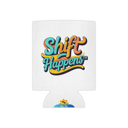 Shift Happens™ Retro Can Cooler | Funny Motivational Beverage Holder | Cerulean & Sunshine Yellow Drink Sleeve