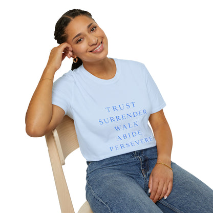 Trust Surrender Walk Abide Persevere™ Womens V-Neck Tee | Catholic Inspirational Shirt | Sunnyside Life™