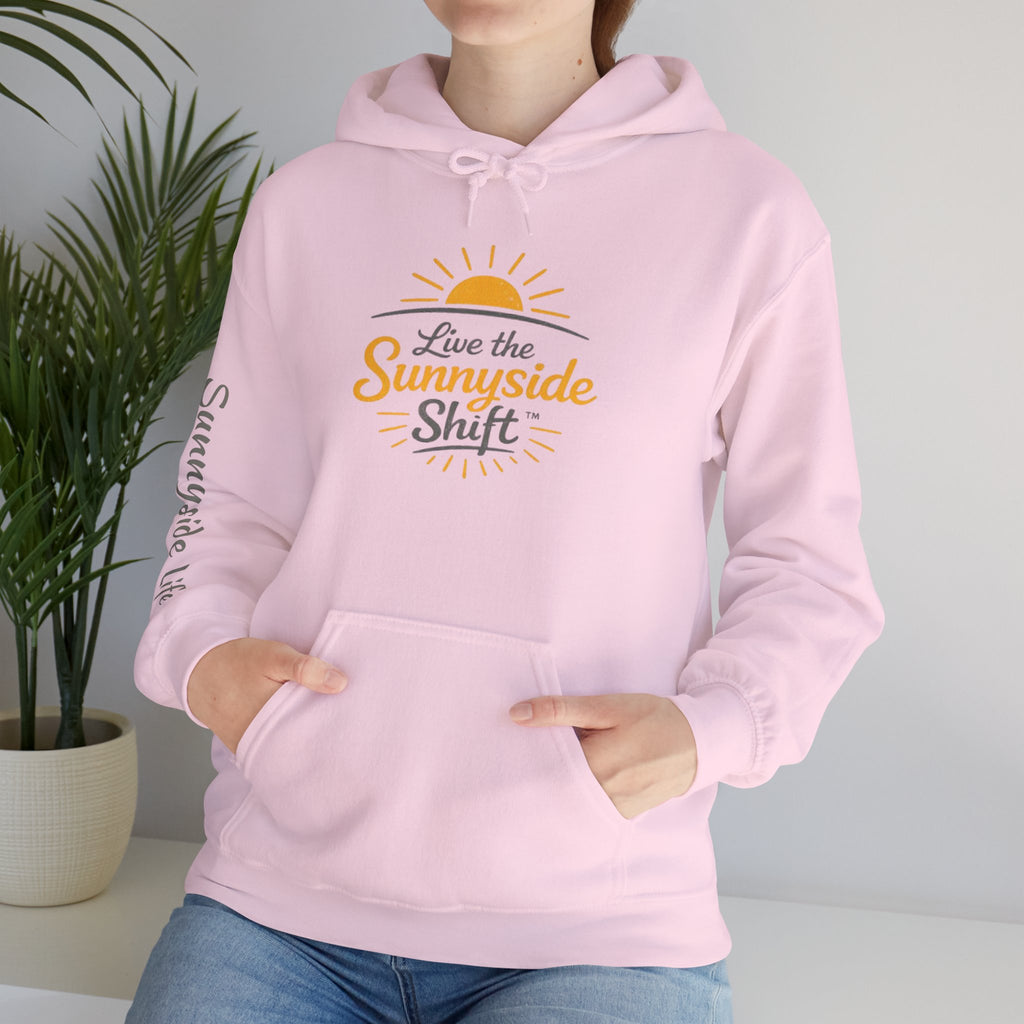 Live The Sunnyside Shift™ — Retro Sun Script Hooded Sweatshirt