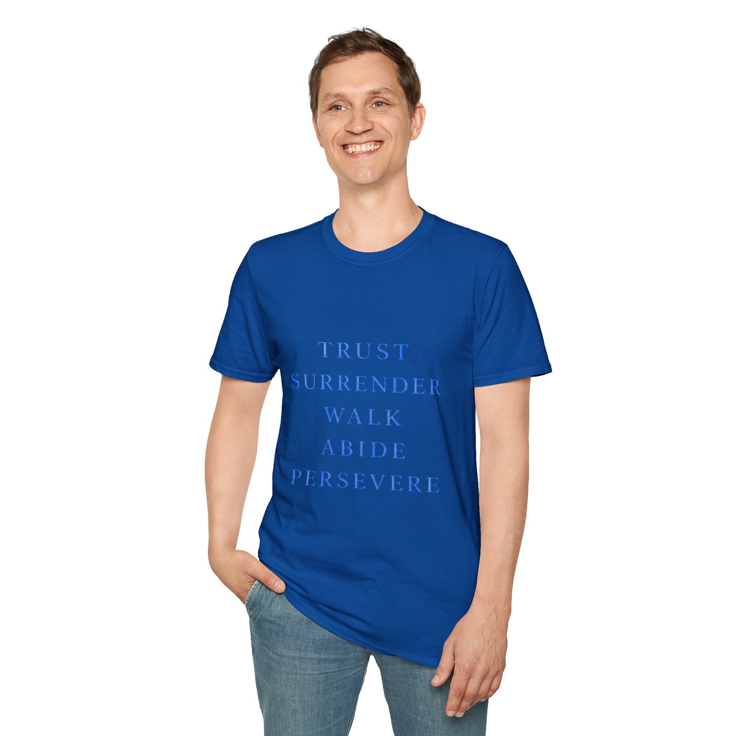 Trust Surrender Walk Abide Persevere™ Womens V-Neck Tee | Catholic Inspirational Shirt | Sunnyside Life™