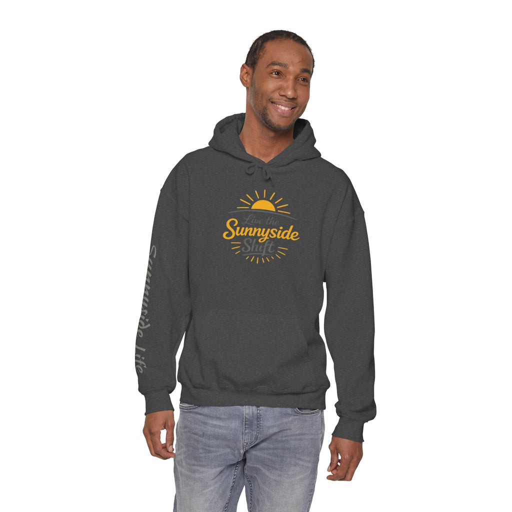 Live The Sunnyside Shift™ — Retro Sun Script Hooded Sweatshirt