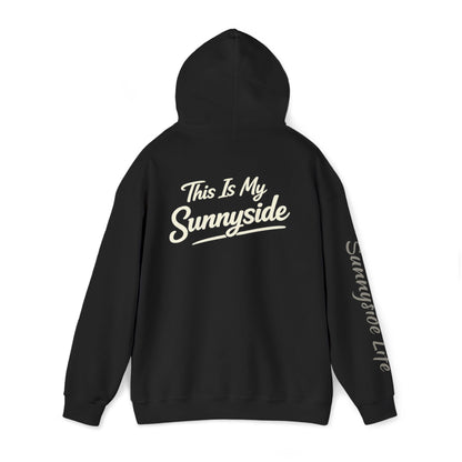 Live The Sunnyside Shift™ — Retro Sun Script Hooded Sweatshirt