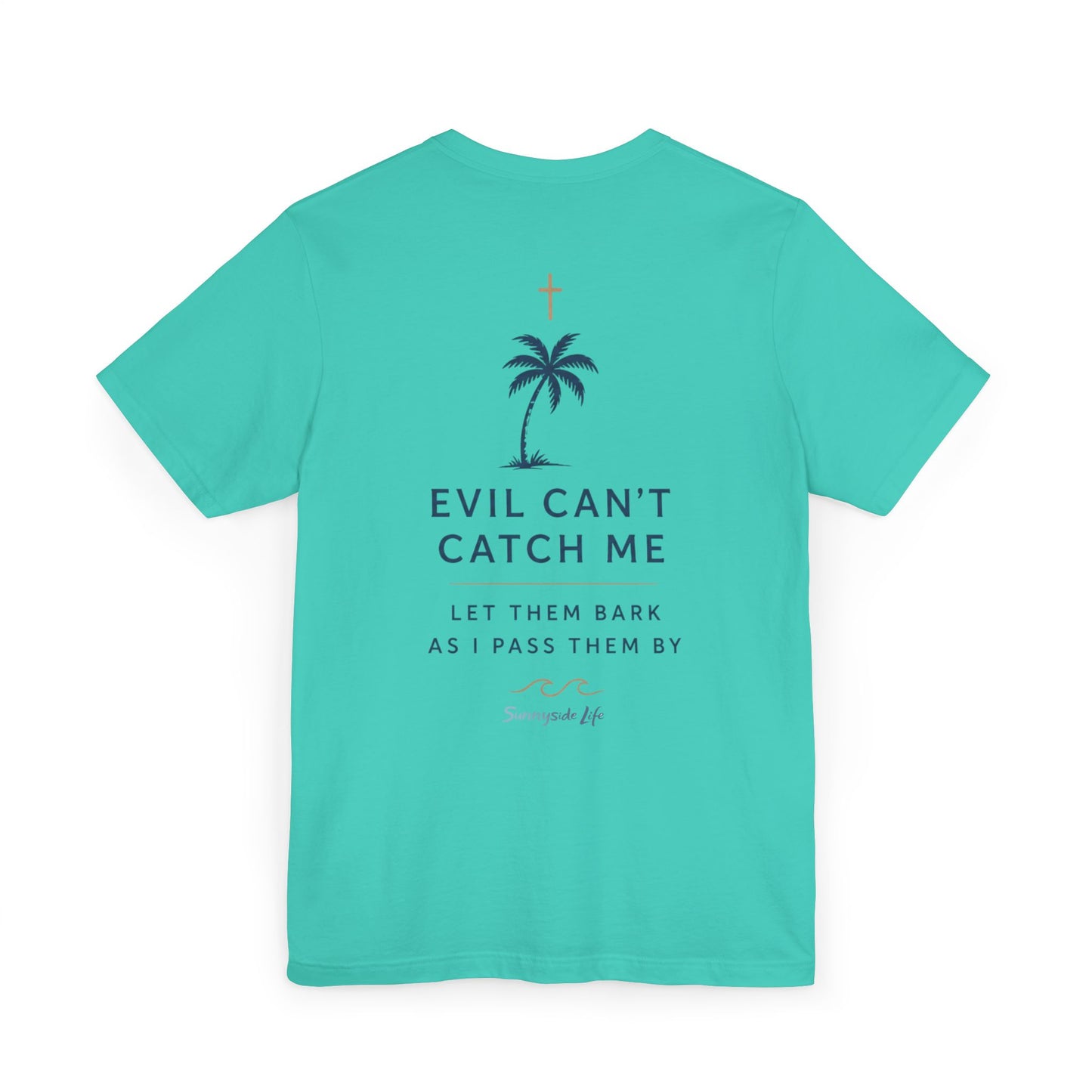 Holy Hiking™ Womens V-Neck Tee | Catholic Trail Shirt | “Evil Can’t Catch Me” Tropical Faith Hiking Tee