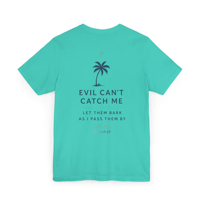 Holy Hiking™ Womens V-Neck Tee | Catholic Trail Shirt | “Evil Can’t Catch Me” Tropical Faith Hiking Tee