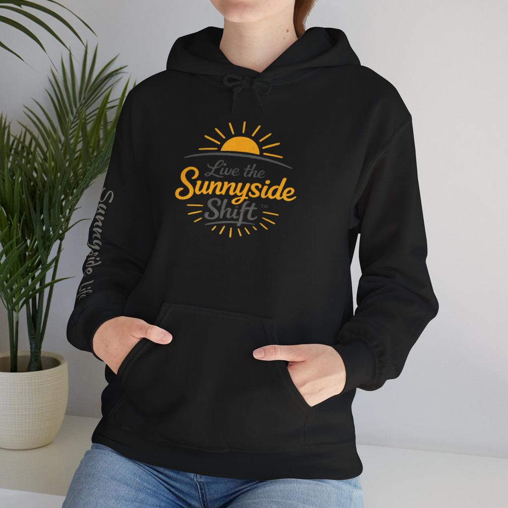Live The Sunnyside Shift™ — Retro Sun Script Hooded Sweatshirt