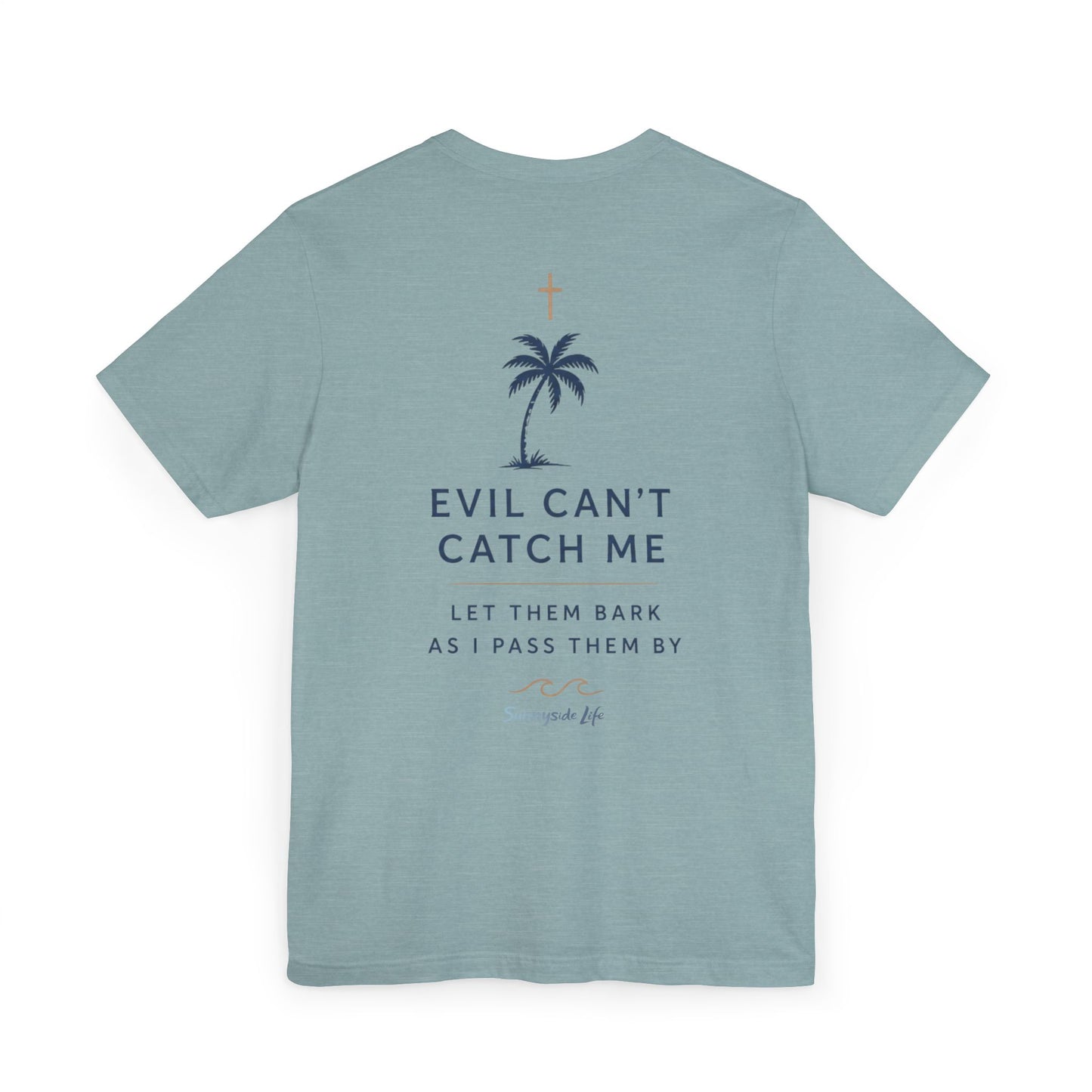 Holy Hiking™ Womens V-Neck Tee | Catholic Trail Shirt | “Evil Can’t Catch Me” Tropical Faith Hiking Tee