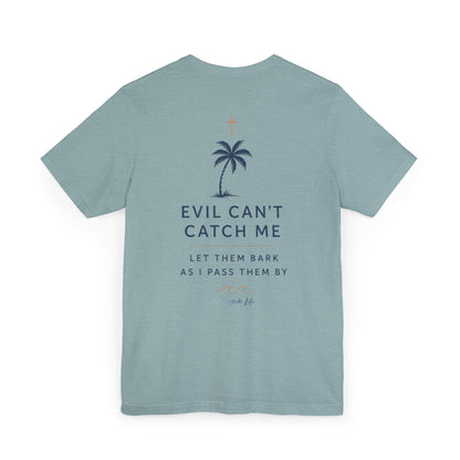 Holy Hiking™ Womens V-Neck Tee | Catholic Trail Shirt | “Evil Can’t Catch Me” Tropical Faith Hiking Tee