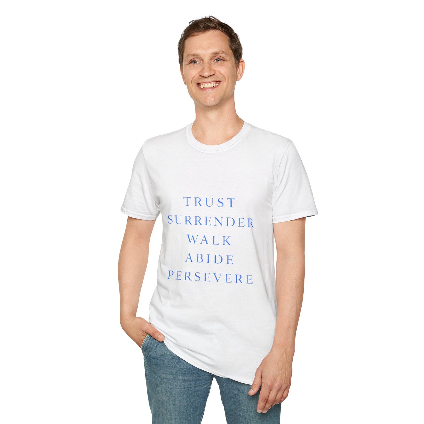 Trust Surrender Walk Abide Persevere™ Womens V-Neck Tee | Catholic Inspirational Shirt | Sunnyside Life™
