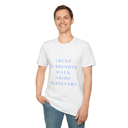 Trust Surrender Walk Abide Persevere™ Womens V-Neck Tee | Catholic Inspirational Shirt | Sunnyside Life™