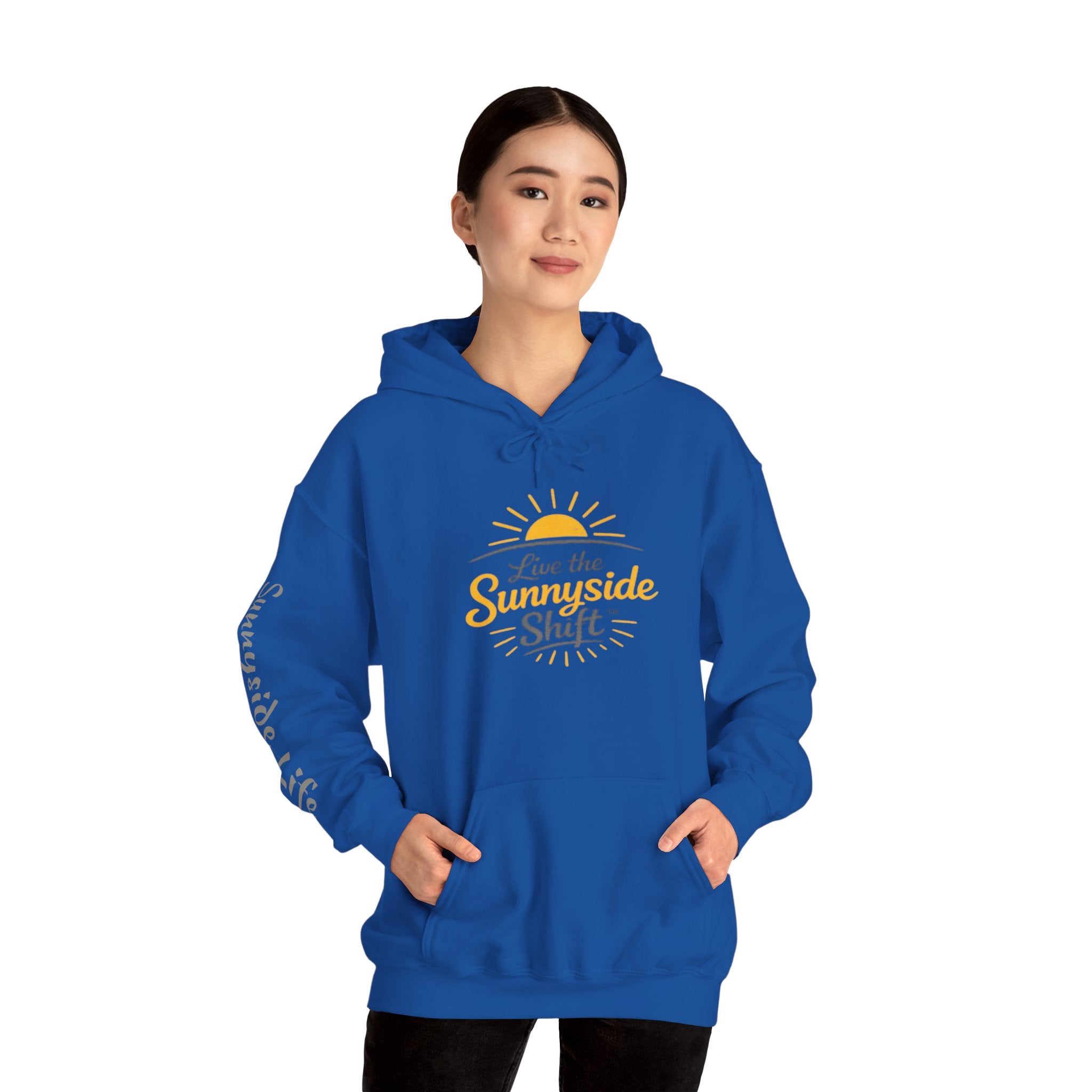 Live The Sunnyside Shift™ — Retro Sun Script Hooded Sweatshirt