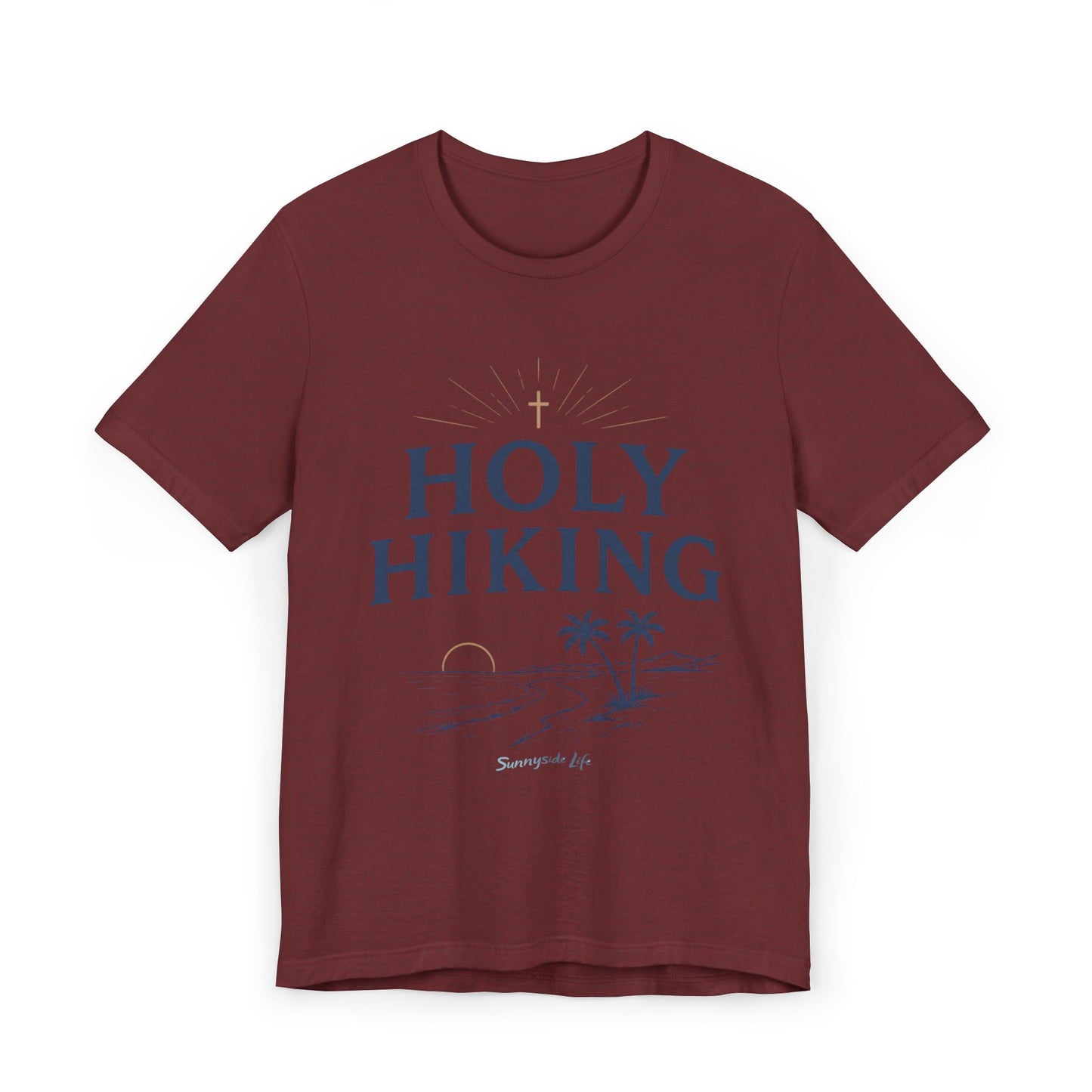 Holy Hiking™ Womens V-Neck Tee | Catholic Trail Shirt | “Evil Can’t Catch Me” Tropical Faith Hiking Tee