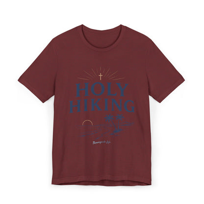 Holy Hiking™ Womens V-Neck Tee | Catholic Trail Shirt | “Evil Can’t Catch Me” Tropical Faith Hiking Tee