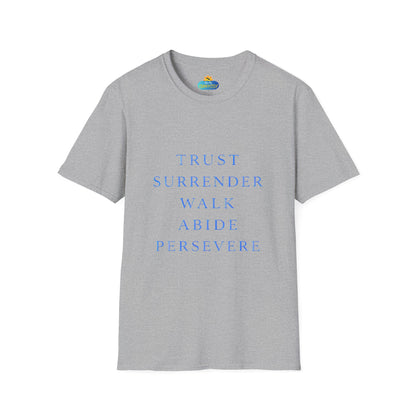 Trust Surrender Walk Abide Persevere™ Womens V-Neck Tee | Catholic Inspirational Shirt | Sunnyside Life™