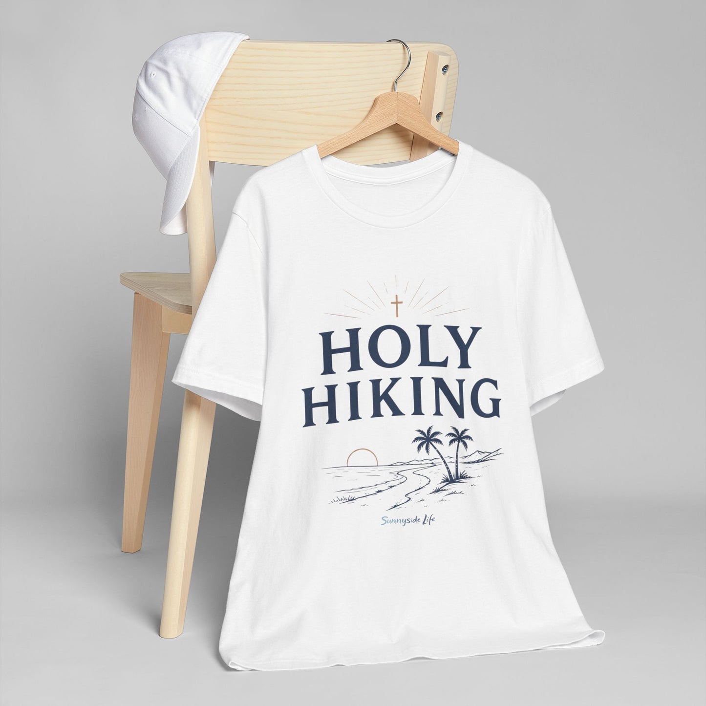 Holy Hiking™ Womens V-Neck Tee | Catholic Trail Shirt | “Evil Can’t Catch Me” Tropical Faith Hiking Tee