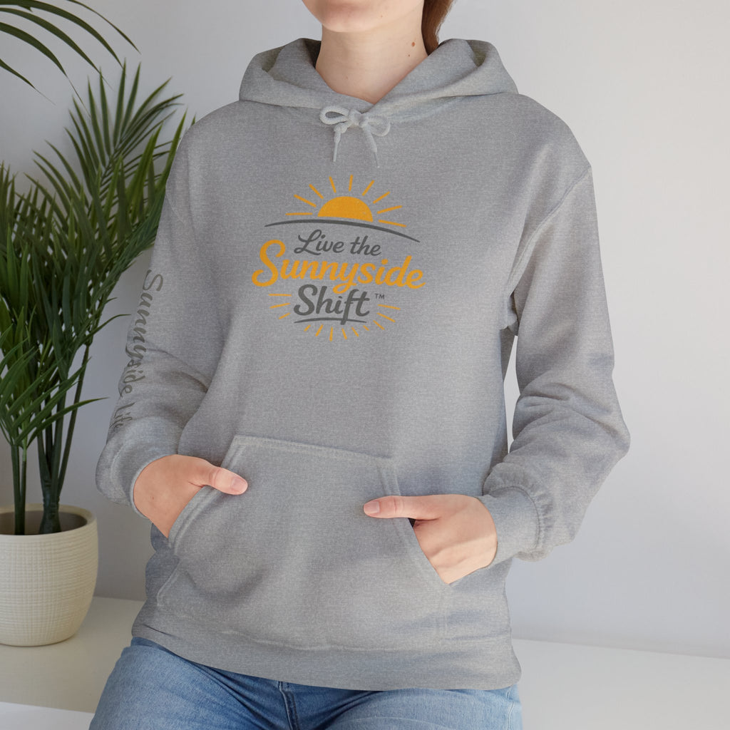 Live The Sunnyside Shift™ — Retro Sun Script Hooded Sweatshirt