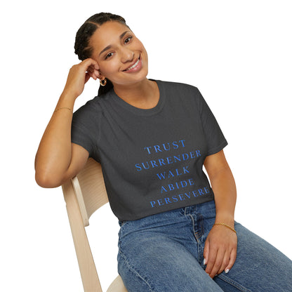 Trust Surrender Walk Abide Persevere™ Womens V-Neck Tee | Catholic Inspirational Shirt | Sunnyside Life™