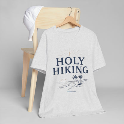 Holy Hiking™ Womens V-Neck Tee | Catholic Trail Shirt | “Evil Can’t Catch Me” Tropical Faith Hiking Tee