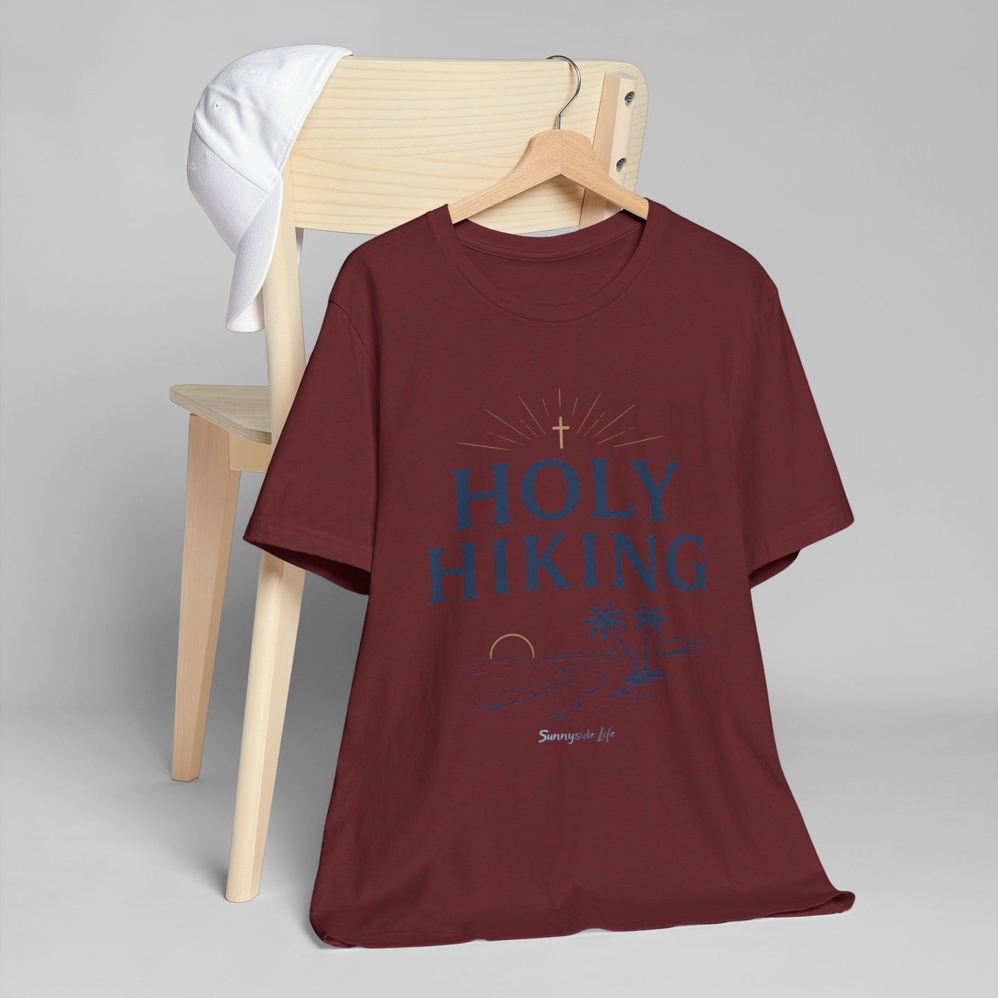 Holy Hiking™ Womens V-Neck Tee | Catholic Trail Shirt | “Evil Can’t Catch Me” Tropical Faith Hiking Tee