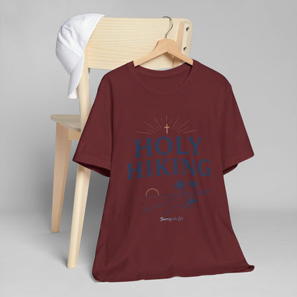 Holy Hiking™ Womens V-Neck Tee | Catholic Trail Shirt | “Evil Can’t Catch Me” Tropical Faith Hiking Tee