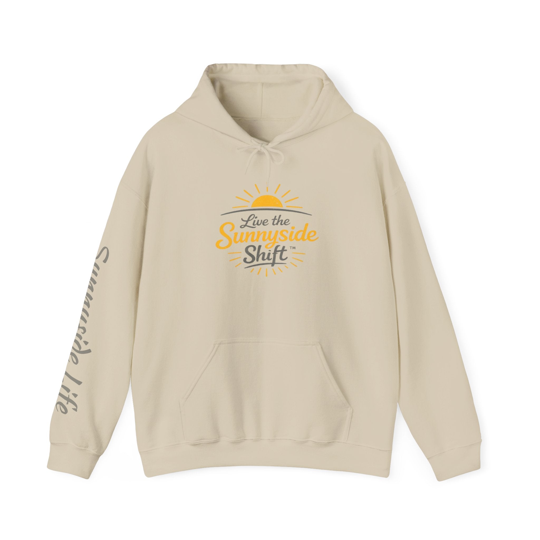 Live The Sunnyside Shift™ — Retro Sun Script Hooded Sweatshirt