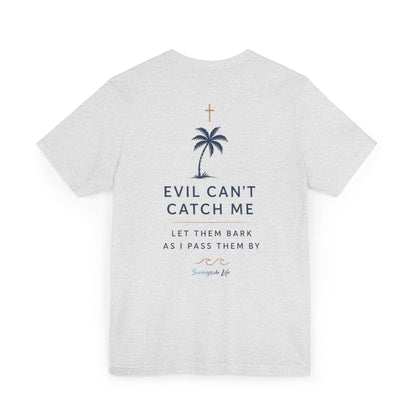 Holy Hiking™ Womens V-Neck Tee | Catholic Trail Shirt | “Evil Can’t Catch Me” Tropical Faith Hiking Tee