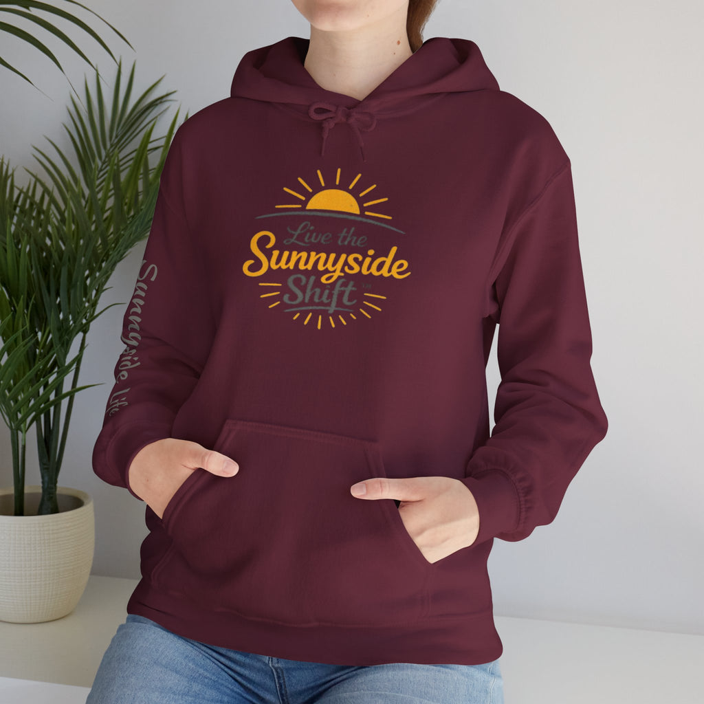 Live The Sunnyside Shift™ — Retro Sun Script Hooded Sweatshirt