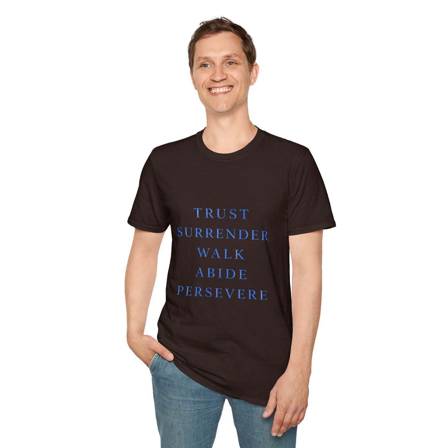 Trust Surrender Walk Abide Persevere™ Womens V-Neck Tee | Catholic Inspirational Shirt | Sunnyside Life™